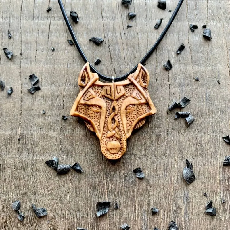 Handcarved Unique Olive Wood Fenrir Head Pendant