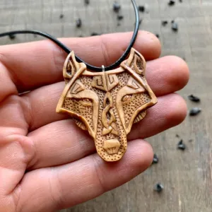 Handcarved Unique Olive Wood Fenrir Head Pendant