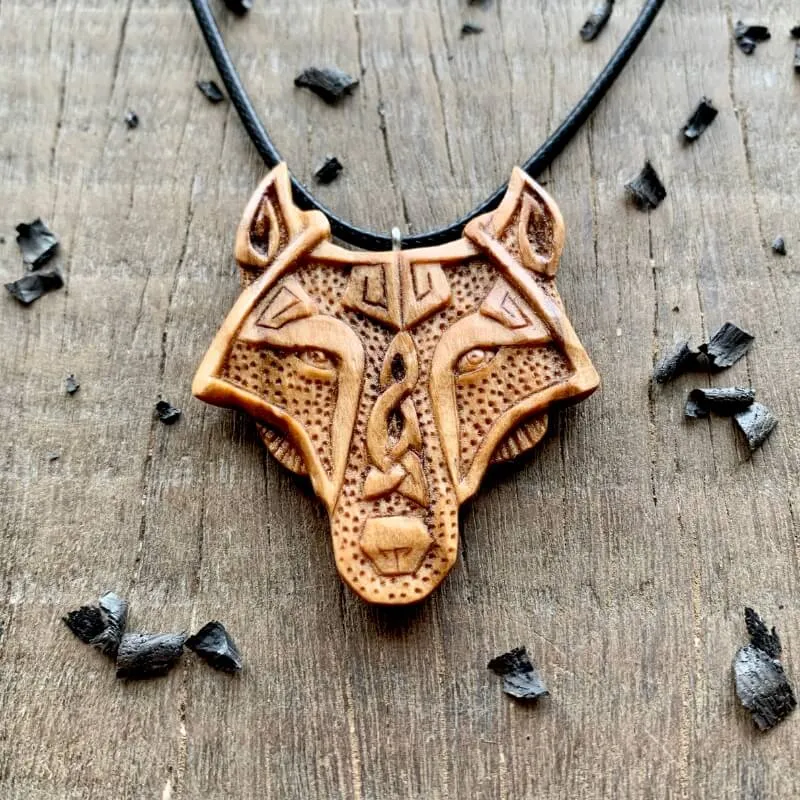 Handcarved Unique Olive Wood Fenrir Head Pendant