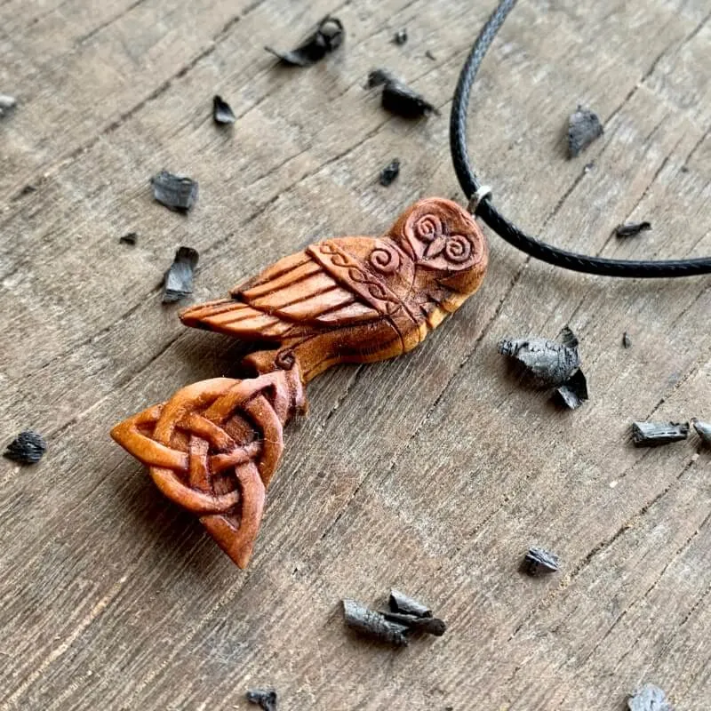Handcarved Unique Plum Wood Celtic Owl Triquetra Pendant Style 1