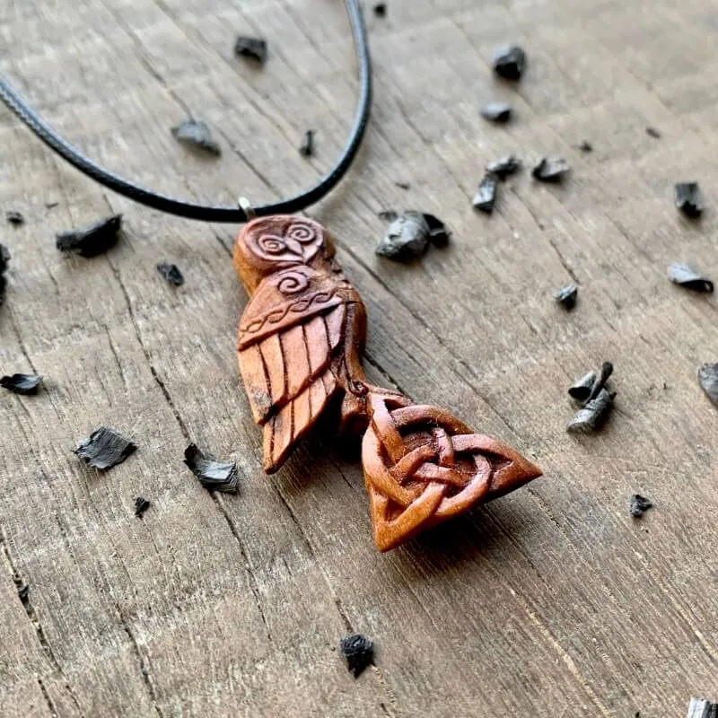 Handcarved Unique Plum Wood Celtic Owl Triquetra Pendant Style 1
