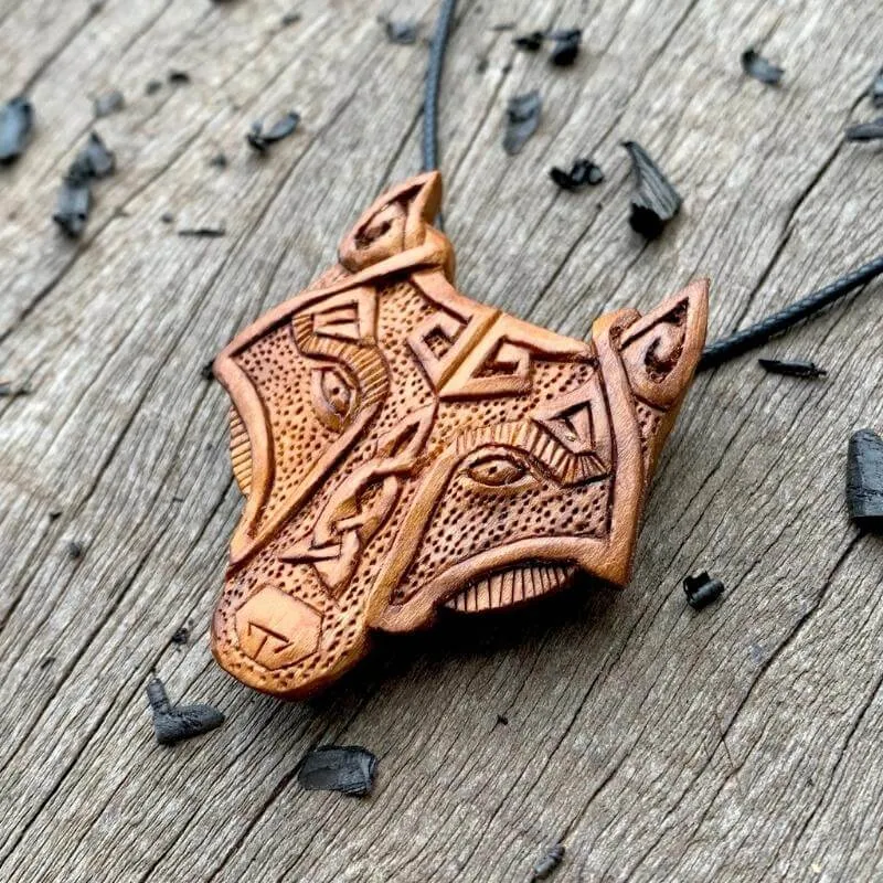 Handcarved Unique Plum Wood Viking Wolf Head Pendant Style 2