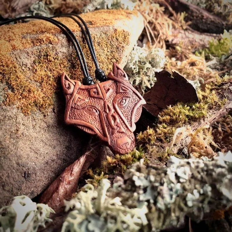 Handcarved Unique Plum Wood Viking Wolf Head Pendant Style 2