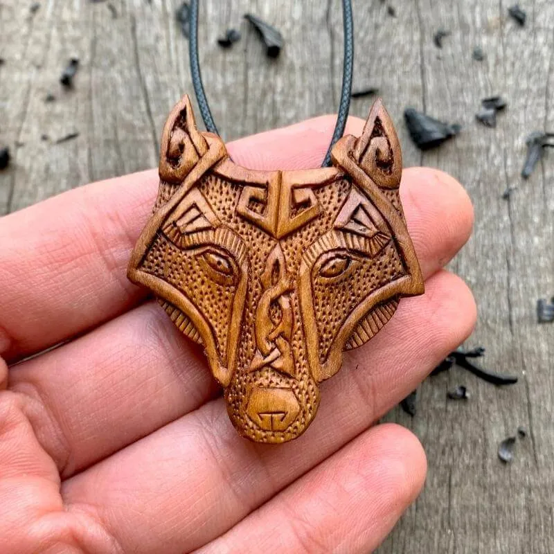 Handcarved Unique Plum Wood Viking Wolf Head Pendant Style 2