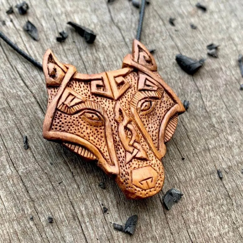 Handcarved Unique Plum Wood Viking Wolf Head Pendant Style 2
