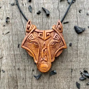 Handcarved Unique Plum Wood Viking Wolf Head Pendant Style 2