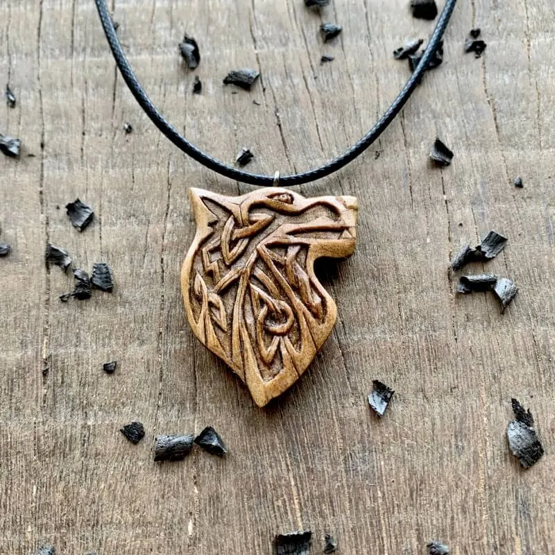 Handcarved Unique Walnut Wood Norse Design Wolf Pendant