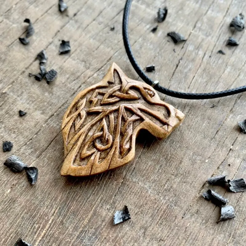Handcarved Unique Walnut Wood Norse Design Wolf Pendant