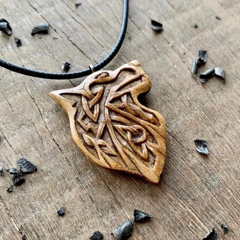 Handcarved Unique Walnut Wood Norse Design Wolf Pendant