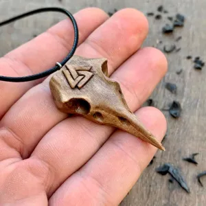 Handcarved Unique Walnut Wood Raven's Skull With Valknut Pendant