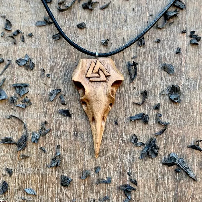 Handcarved Unique Walnut Wood Raven's Skull With Valknut Pendant