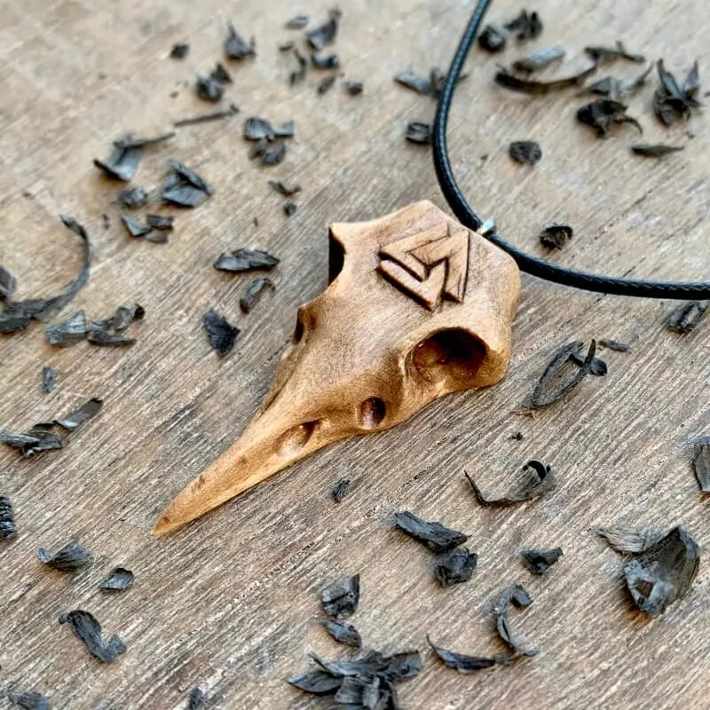 Handcarved Unique Walnut Wood Raven's Skull With Valknut Pendant