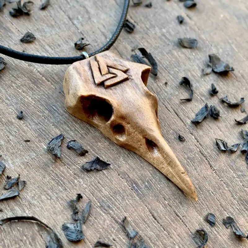 Handcarved Unique Walnut Wood Raven's Skull With Valknut Pendant
