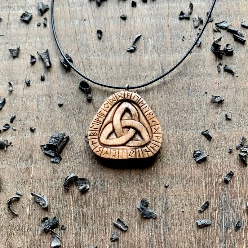 Handcarved Unique Walnut Wood Runes Triquetra Pendant