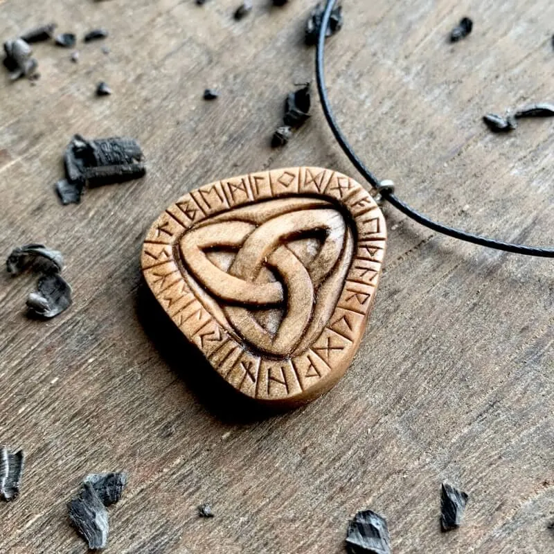 Handcarved Unique Walnut Wood Runes Triquetra Pendant