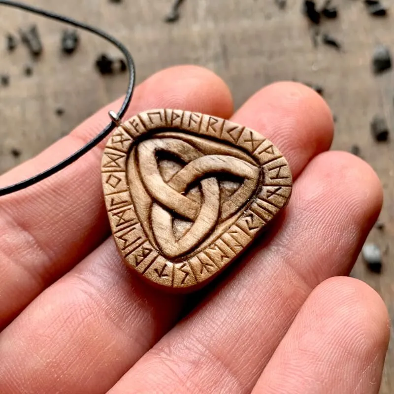 Handcarved Unique Walnut Wood Runes Triquetra Pendant
