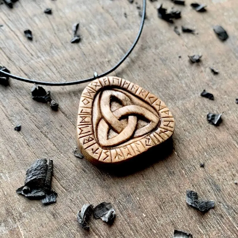 Handcarved Unique Walnut Wood Runes Triquetra Pendant