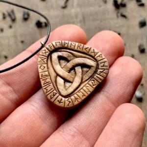 Handcarved Unique Walnut Wood Runes Triquetra Pendant