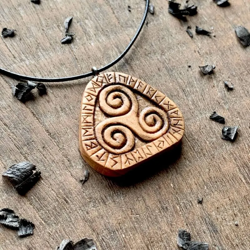 Handcarved Unique Walnut Wood Runes Triskelion Pendant