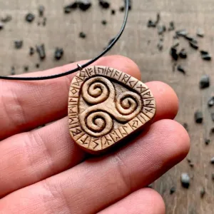 Handcarved Unique Walnut Wood Runes Triskelion Pendant