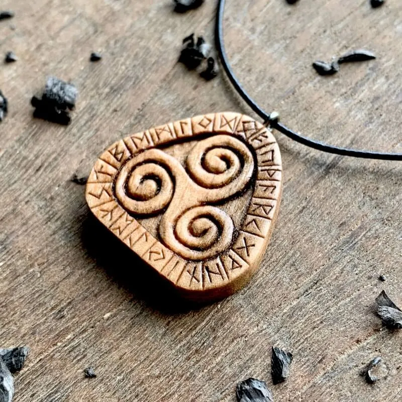 Handcarved Unique Walnut Wood Runes Triskelion Pendant