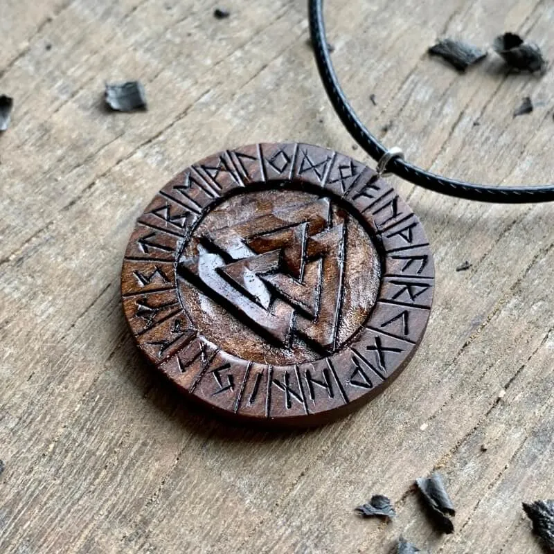 Handcarved Unique Walnut Wood Valknut and Runes Pendant