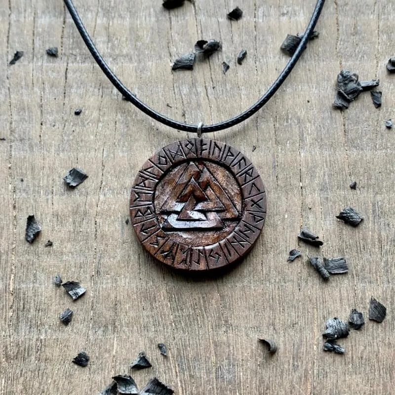 Handcarved Unique Walnut Wood Valknut and Runes Pendant