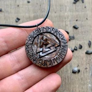 Handcarved Unique Walnut Wood Valknut and Runes Pendant