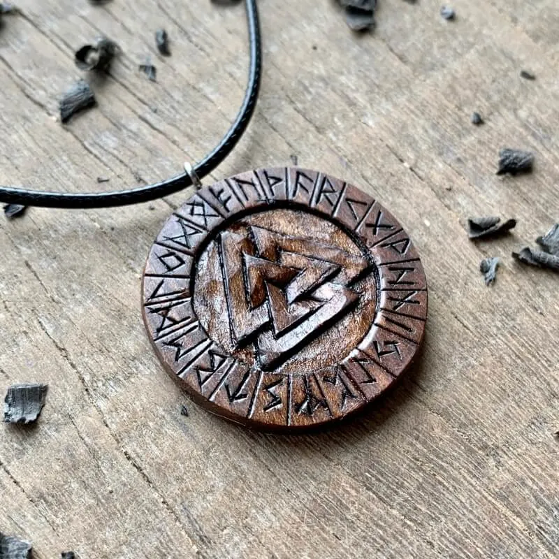 Handcarved Unique Walnut Wood Valknut and Runes Pendant