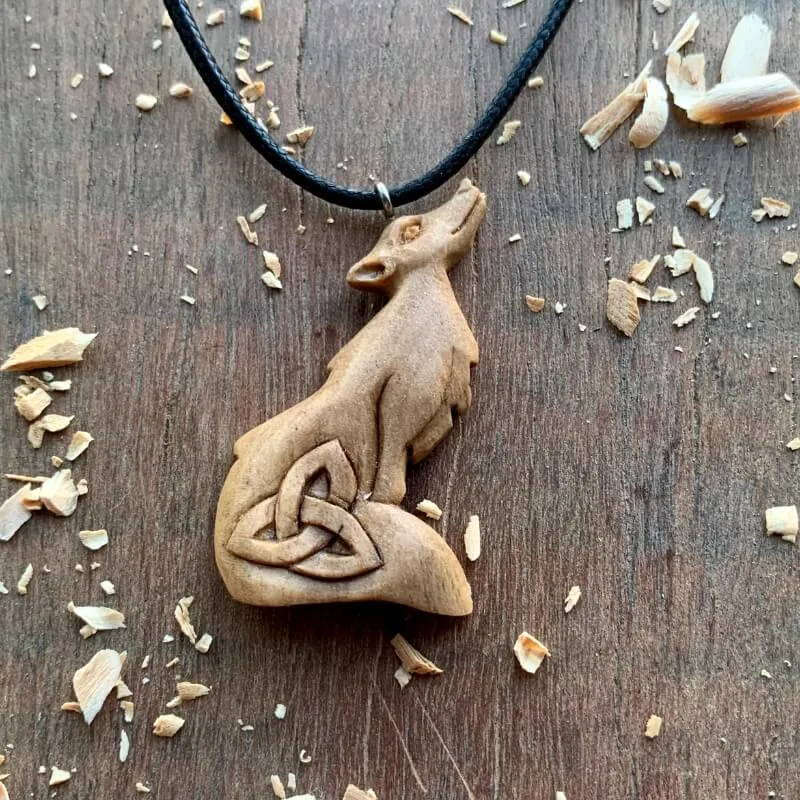 Handcarved Unique Walnut Wood Wolf Triquetra Design Pendant