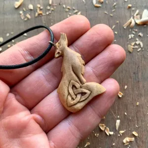 Handcarved Unique Walnut Wood Wolf Triquetra Design Pendant