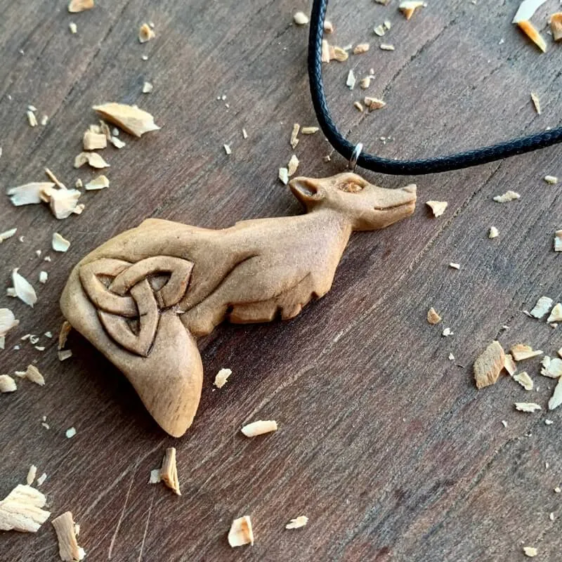 Handcarved Unique Walnut Wood Wolf Triquetra Design Pendant