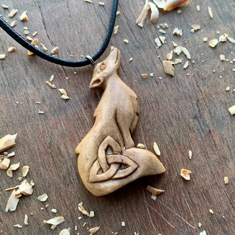 Handcarved Unique Walnut Wood Wolf Triquetra Design Pendant