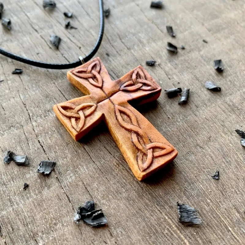 Handcarved Unique Wood Celtic Cross Triquetra Pendant