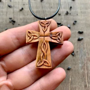 Handcarved Unique Wood Celtic Cross Triquetra Pendant