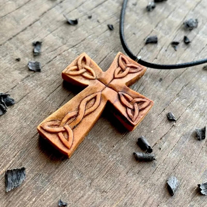 Handcarved Unique Wood Celtic Cross Triquetra Pendant
