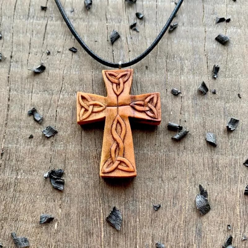Handcarved Unique Wood Celtic Cross Triquetra Pendant