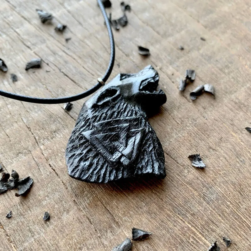 Handcarved Unique Wood Fenrir Valknut Pendant