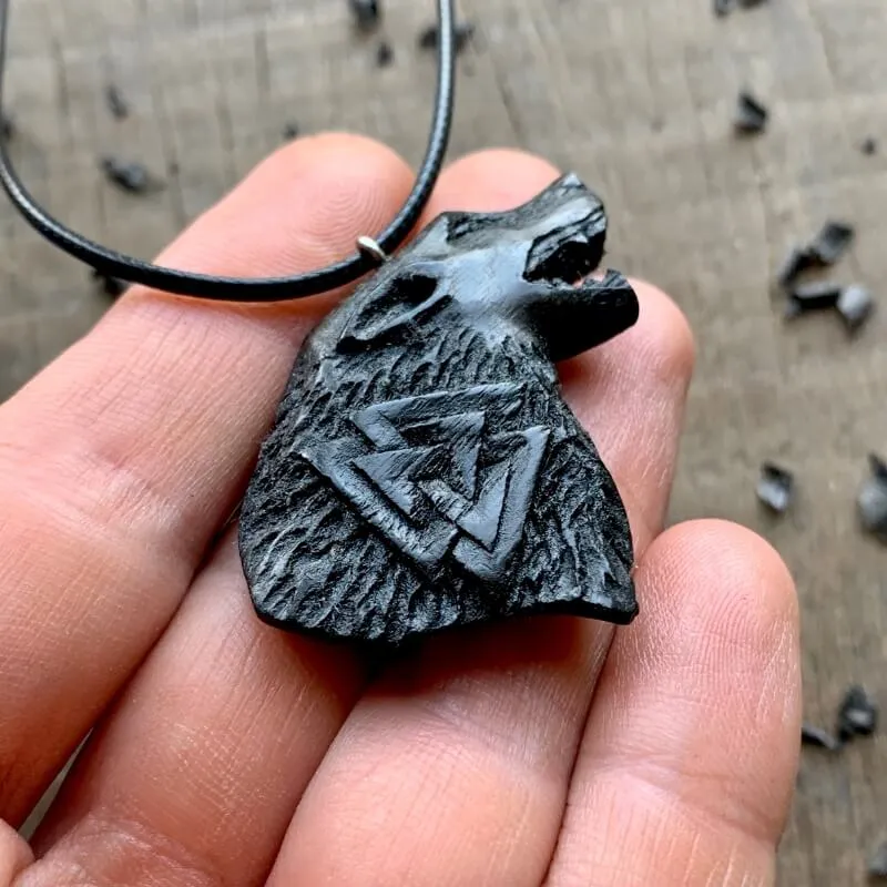 Handcarved Unique Wood Fenrir Valknut Pendant