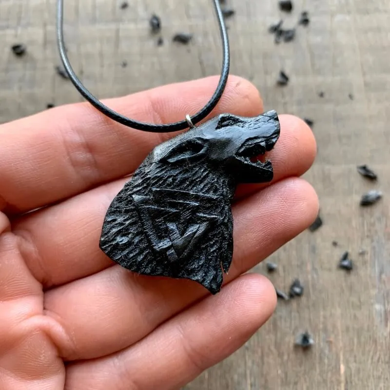 Handcarved Unique Wood Fenrir Valknut Pendant