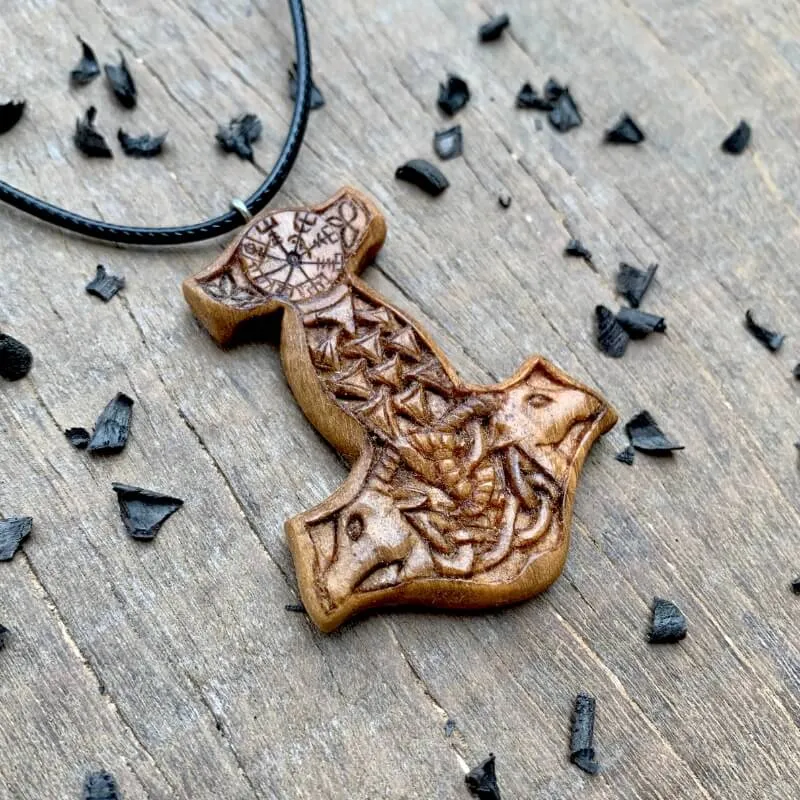 Handcarved Unique Wood Mjolnir With  Goats Pendant