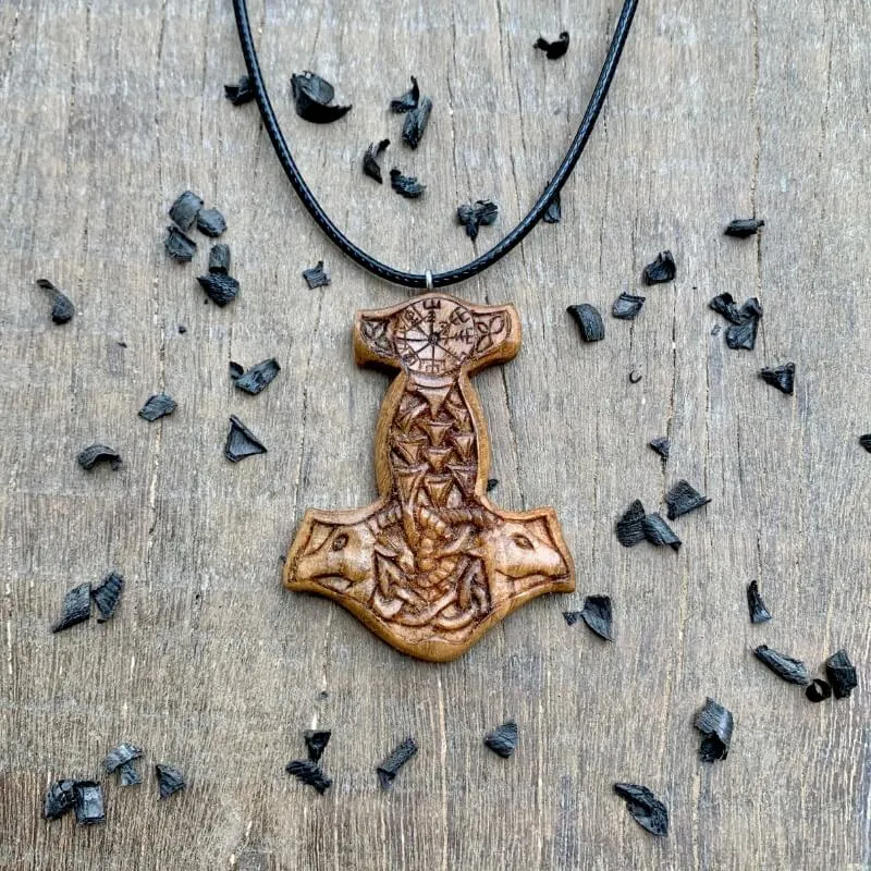 Handcarved Unique Wood Mjolnir With  Goats Pendant