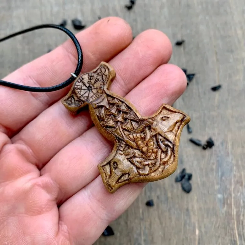 Handcarved Unique Wood Mjolnir With  Goats Pendant