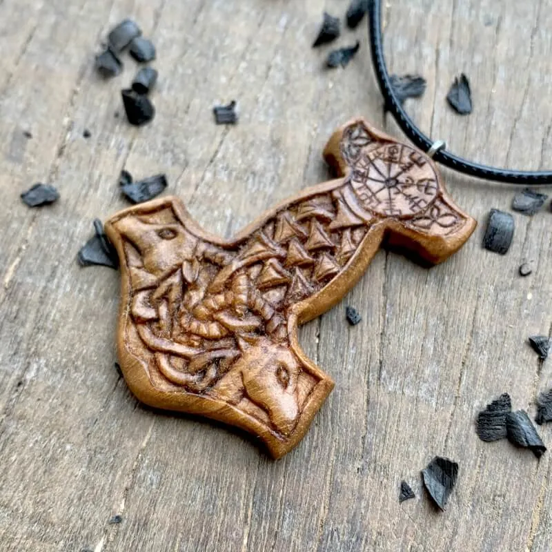 Handcarved Unique Wood Mjolnir With  Goats Pendant