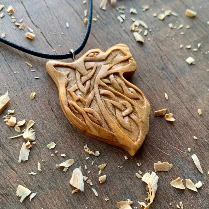 Handcarved Unique Wood Norse Design Wolf Pendant