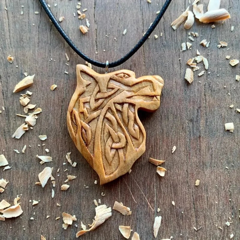 Handcarved Unique Wood Norse Design Wolf Pendant