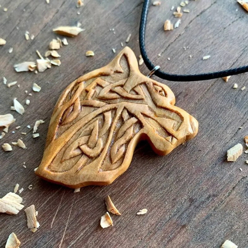 Handcarved Unique Wood Norse Design Wolf Pendant