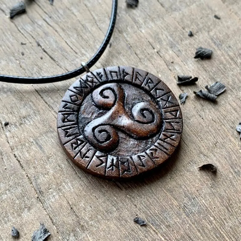 Handcarved Unique Wood Triskelion and Runes Pendant