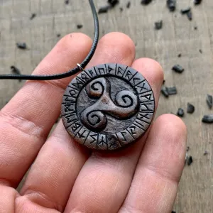 Handcarved Unique Wood Triskelion and Runes Pendant