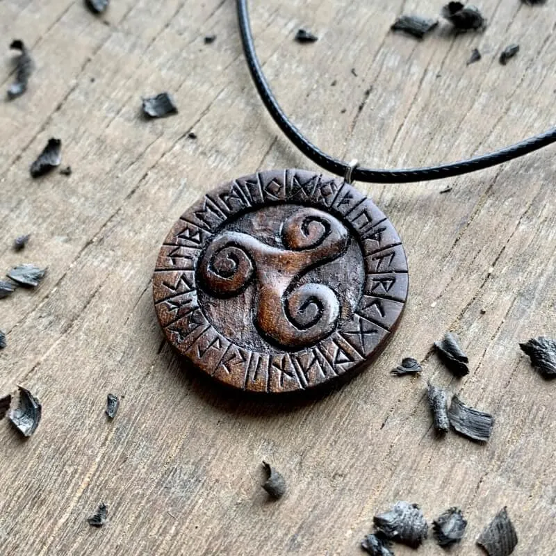 Handcarved Unique Wood Triskelion and Runes Pendant